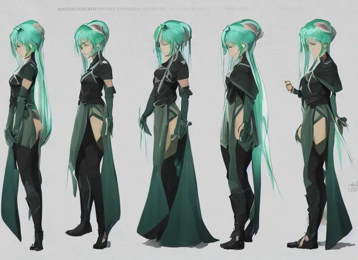 Prompt: character sheet for a beautiful and cute girl for genshin impact by greg rutkowski, black to light green fade hair, genshin impact style, sorcerer magic witch, by studio ghibli, digital art, trending on artstation, hd, 8 k, highly detailed, good lighting, beautiful, masterpiece