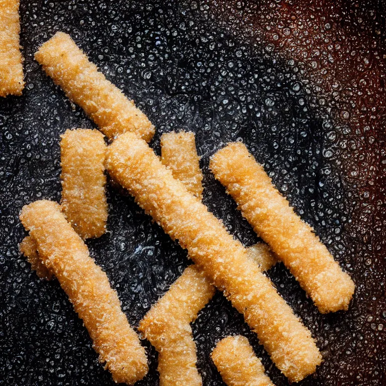 Image similar to Soaking wet soggy fish stick drenched with a stream water from a faucet on a moist wet plate. Very wet delicious crusty fish sticks. Macro lens close up 4K ultra high contrast award winning photo