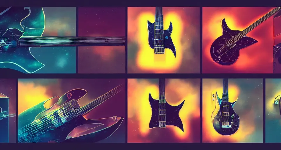 Prompt: a layout of amazing futuristic guitars, cinematic lighting, detailed, beautiful colors, by greg rutowski and studio ghibli