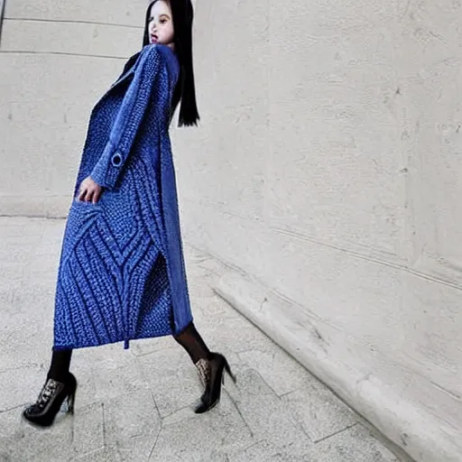 Image similar to fashion 2 0 5 0 fantastic openwork long coat with intricate pattern on a beautiful symmetrical girl with blue hair, hyper realistic photos