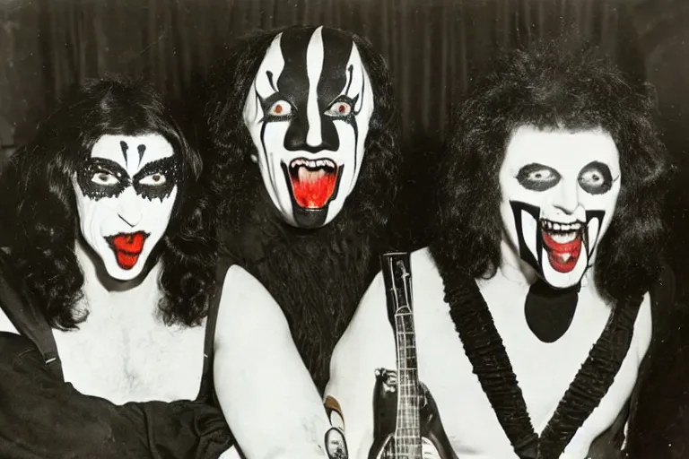 Prompt: 1 9 3 0 s photograph of paul stanley and gene simmons wearing terrifying handmade halloween costumes