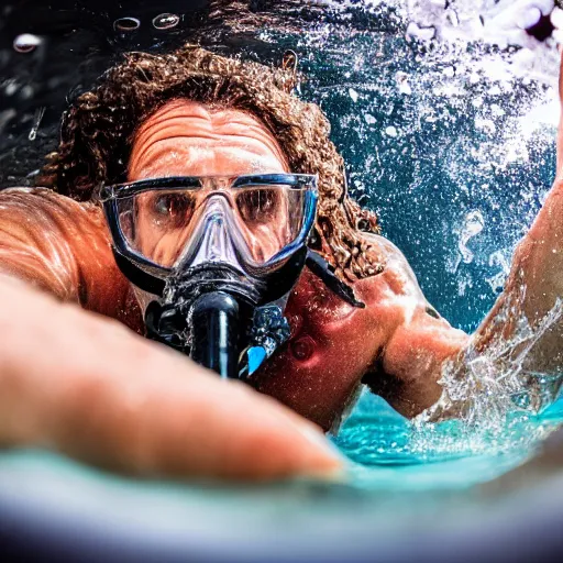 Image similar to tiny bearded mullet man snorkeling inside washing machine, sports photography, detailed, 4k