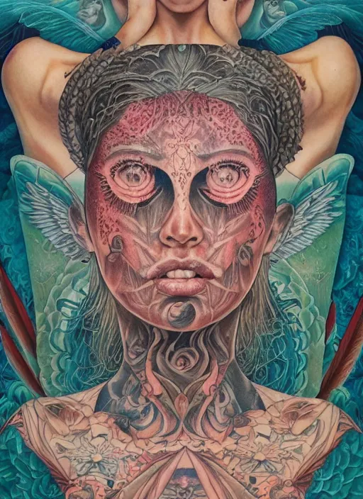 Image similar to beautiful enlightened woman instagram cult influencer with tattoos, tattooed skin, oil painting, robe, symmetrical face, dark ritual myth, by martine johanna, sean yoro masterpiece