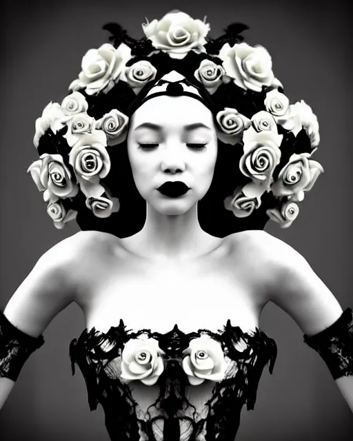 Prompt: dreamy surreal poetic black and white 3D render of a beautiful young porcelain female-cyborg-vegetal with a very long neck and a super big gothic lace collar filled with dead flies and a very high big floral crown with many black dry roses:: smoke, high fashion, haute couture, rococo, avant-garde, elegant, dreamy, hyper realistic, 150 mm lens, soft rim light, octane render, unreal engine, volumetric lighting, dramatic light,8k,