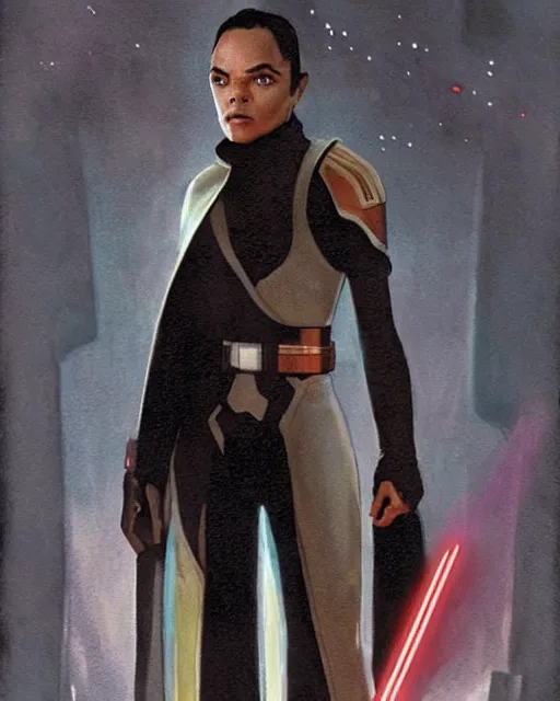 Prompt: tessa thompson as an inquisitor in a star wars movie, evil, villain, sith, concept art by doug chiang and ralph mcquarrie