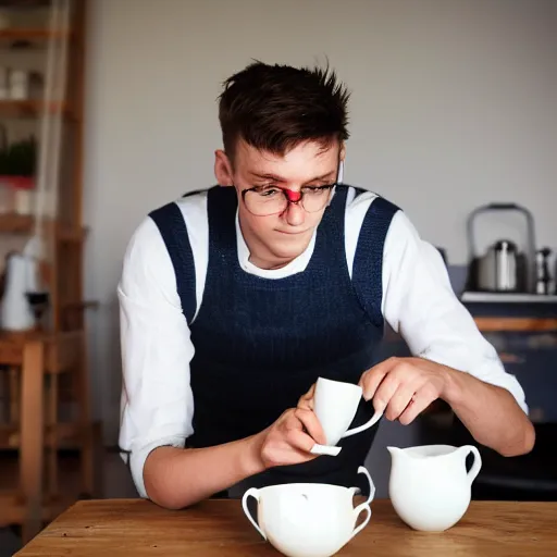 Prompt: a young british man struggling to make a cup of tea