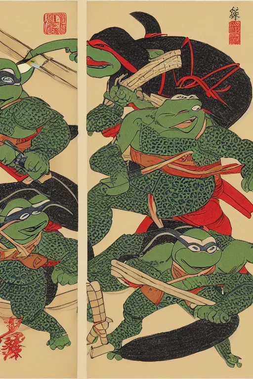 Image similar to Four Teenage Mutant Ninja Turtles, Japanese ukiyo-e ukiyo-ye woodblock print, by Moronobu