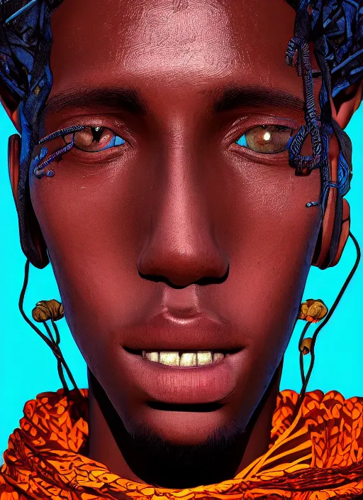 Prompt: closeup portrait of a 2 0 year old somali man, an ultrafine detailed illustration by james jean, intricate linework, bright colors, final fantasy, behance contest winner, vanitas, angular, altermodern, unreal engine 5 highly rendered, global illumination, radiant light, detailed and intricate environment