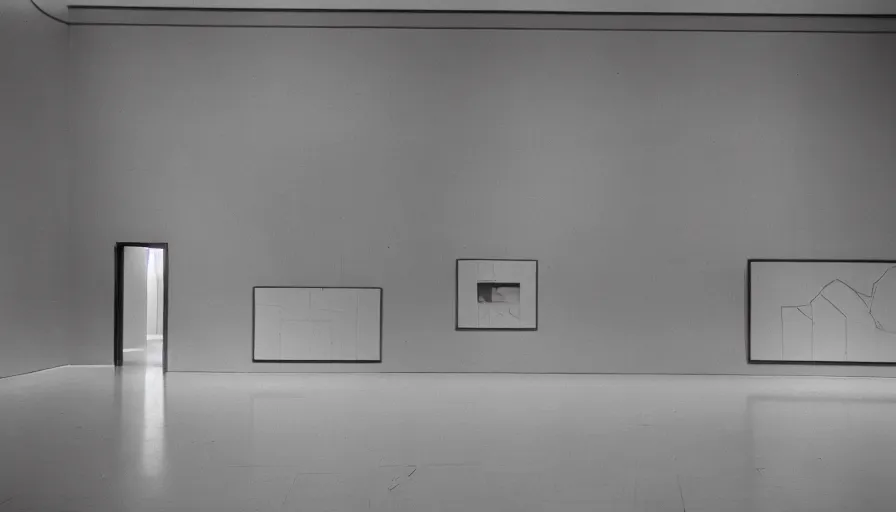 Image similar to 60s movie still of a sovietic stalinist style empty art museum with a soviet congress with yellow wall, fuji neopan, liminal Space style, heavy grain