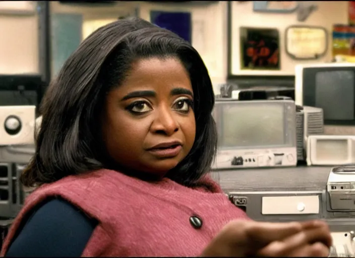 Image similar to cinematic shot of octavia spencer in an small used electronics store next to an old electronic keyboard, iconic scene from the paranoid thriller sci fi film directed by stanley kubrick, anamorphic lens, moody dark cinematography, beautiful composition, color theory, leading lines, photorealistic hands, 4 k
