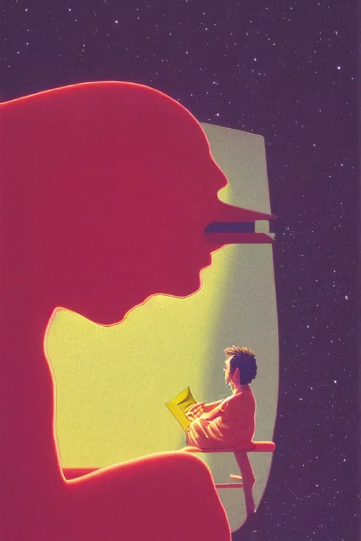 Prompt: a scifi closeup portrait of a young american man licking a blotter paper of LSD acid on his tongue and dreaming psychedelic hallucinations in cosmos, by kawase hasui, moebius, Edward Hopper and James Gilleard, Zdzislaw Beksinski, Steven Outram colorful flat surreal design, hd, 8k, artstation