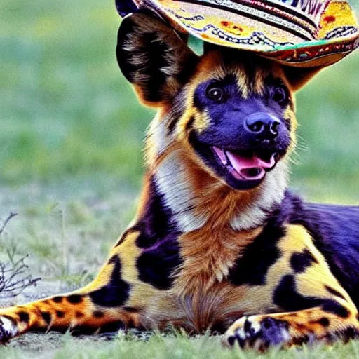 Prompt: A photo of the world's greatest sheriff: an african painted dog wearing a sombrero!