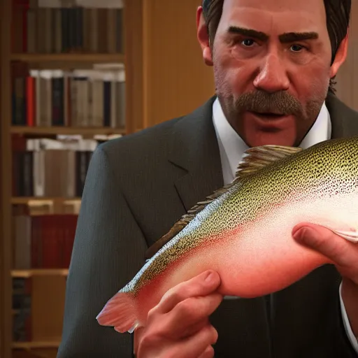 Prompt: a middle aged funny lawyer, eating a trout, hyperrealistic, 4k, unreal engine