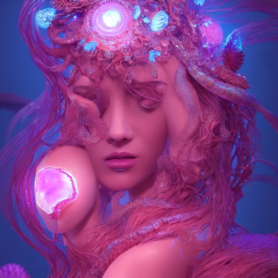 Image similar to goddess close-up portrait. orchid jellyfish phoenix head, nautilus, skull, betta fish, bioluminiscent creatures, intricate artwork by Tooth Wu and wlop and beeple. octane render, trending on artstation, greg rutkowski very coherent symmetrical artwork. cinematic, hyper realism, high detail, octane render, 8k