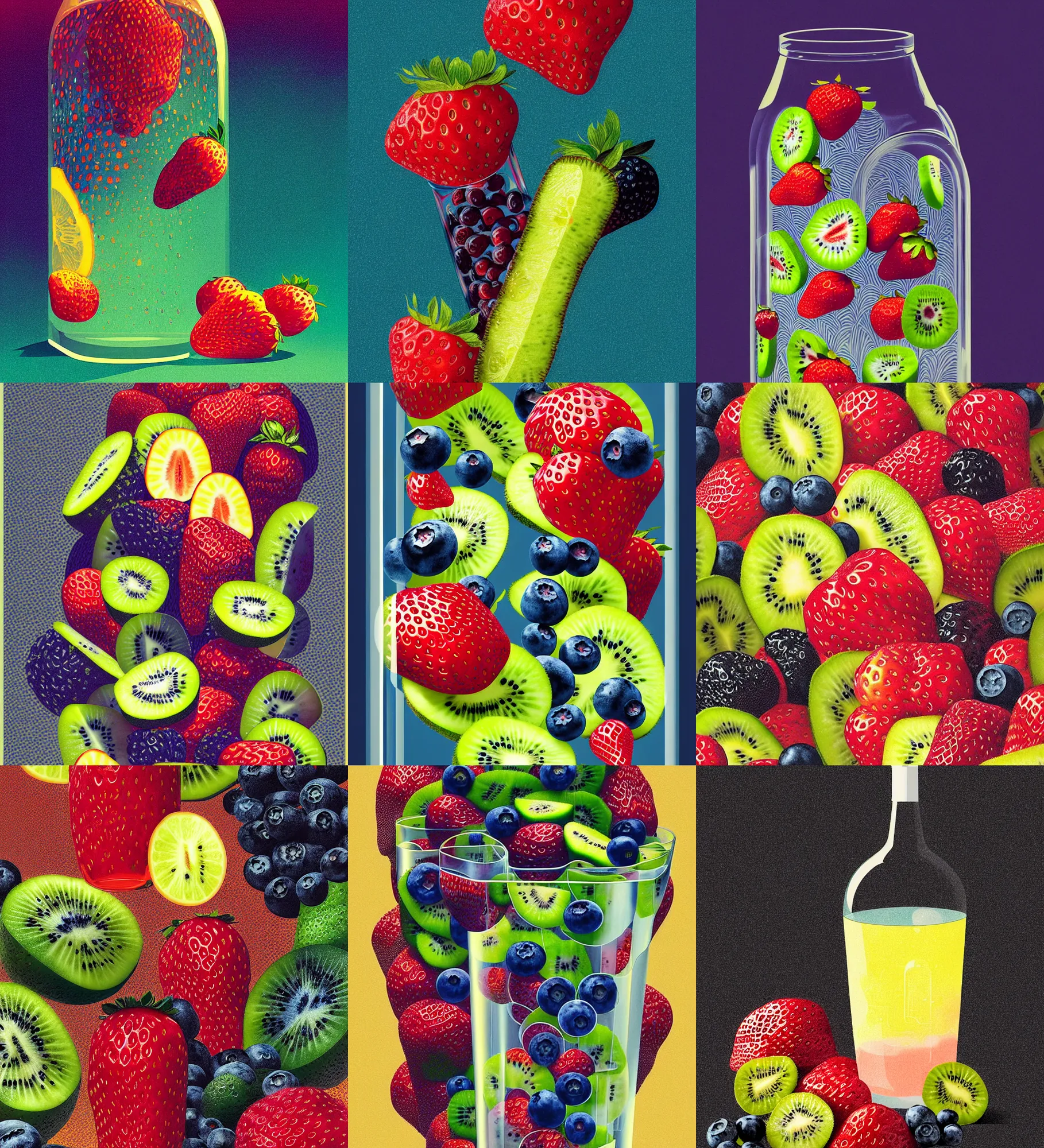 Prompt: ( ( dither ) ), editorial illustration strawberries blueberries sliced kiwi sliced lemon layered inside a clear drinking bottle, isometric, modern art deco, ( ( mads berg ) ), christopher balaskas, victo ngai, rich grainy texture, detailed, dynamic composition, wide angle, matte print, art nouveau, ( ( gustav klimt ) )