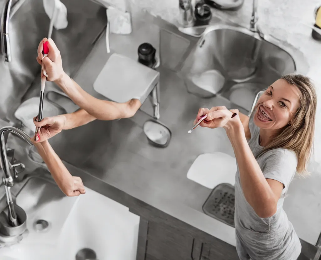 Prompt: first person point of view of a woman holding a tooth brush in front of kitchen sink