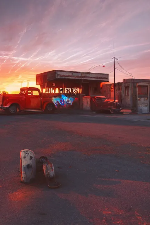 Image similar to a sunset light landscape with historical route 6 6, lots of sparkling details and sun ray ’ s, blinding backlight, smoke, volumetric lighting, colorful, octane, 3 5 mm, abandoned gas station, old rusty pickup - truck, beautiful epic colored reflections, very colorful heavenly, softlight