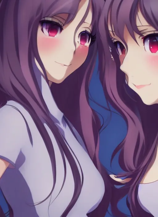 Image similar to two beautiful mature idols, gorgeous faces, smooth, thick lines, cinematic lighting, detailed anime art