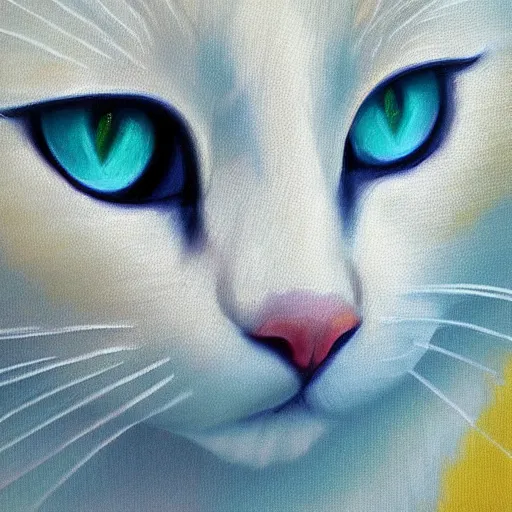 Image similar to a beautiful white cat with blue and yellow eyes, oil painting