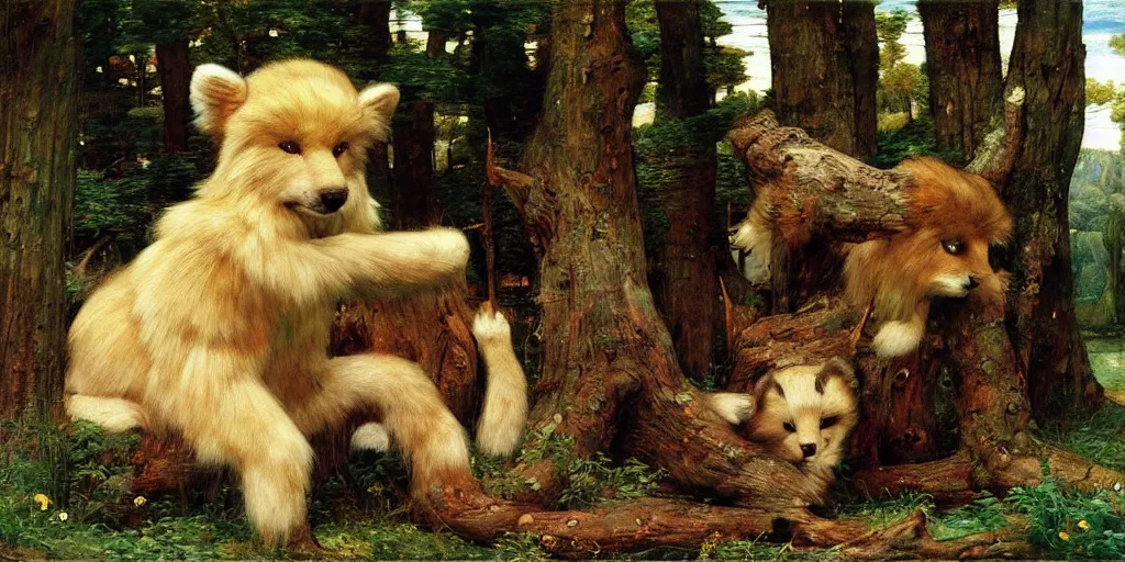 Prompt: 3 d precious moments plush animal, realistic fur, dead trees, master painter and art style of john william waterhouse and caspar david friedrich and philipp otto runge