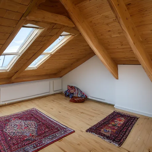 Prompt: 1.7 metre high attic, with white angled ceiling, with 2 windows opposing each other, with a large square window in the back right corner of the room, with exquisite turkish and persian rugs on the polished plywood floor, XF IQ4, 150MP, 50mm, F1.4, ISO 200, 1/160s, natural light