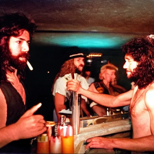 Prompt: cavemen as dj and bartender in 8 0 s disco club. in crowded pub