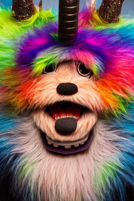 Prompt: a studio photograph of a multicolored furry monster with fuzzy horns, a character portrait by jim henson, behance contest winner, behance hd, vibrant, dark rainbow colored fur, colorful, centered, matte background