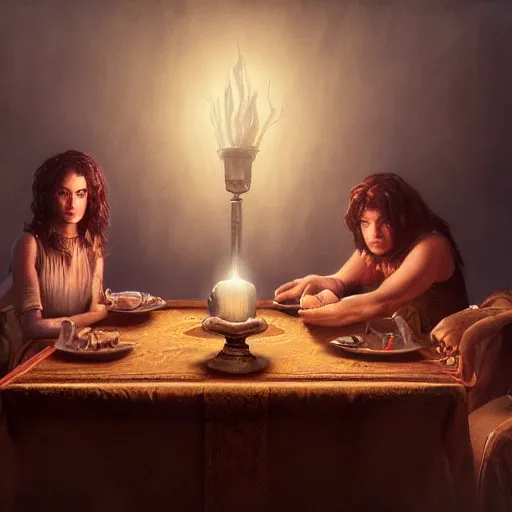 Image similar to Seance table, Hyper-realistic, 4K, Highly Detailed, HD, Dramatic Lighting by Brom, golden hour, trending on Artstation