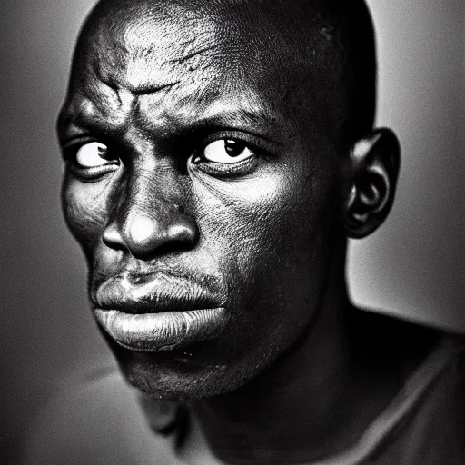 Image similar to black and white photo, portrait of rwandan soldier looking angry by richard avedon, realistic, Leica, medium format, cinematic lighting, parallax, high resolution,