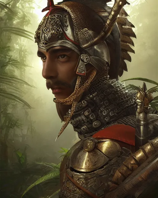 Image similar to ultra realistic illustration of a spanish conquistador wearing ornate armor in a dense foggy jungle environment by artgerm and miyazaki, octane, studio ghibli color scheme, intricate, portrait, anatomy, artstation, cinematic lighting, sharp focus