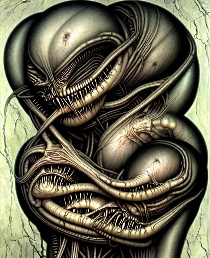 Prompt: newborn from alien, by hr giger, hd, hyper detailed, 4 k, depth perception, depth of field, neo - gothic, gothic. art by evelyn de morgan!!!, masterpiece