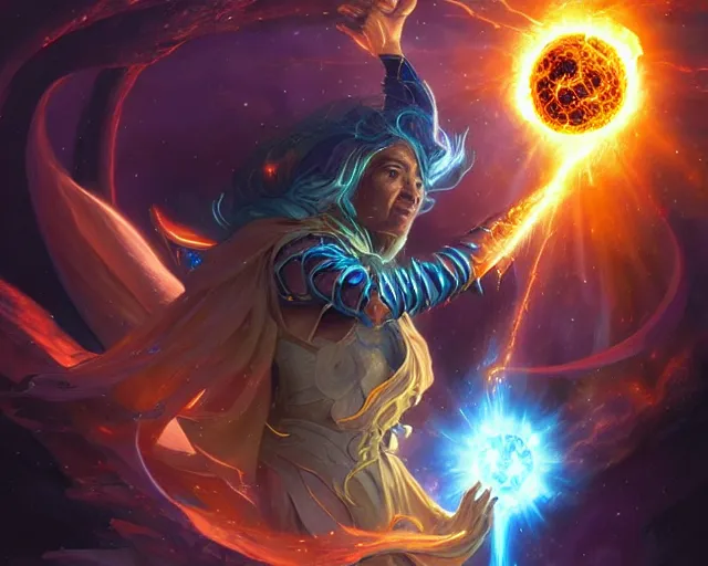 Image similar to extreme cosmic power, wizard casting the biggest greatest brightest destructive fireball in the world, deep focus, d & d, fantasy, intricate, elegant, highly detailed, digital painting, artstation, concept art, matte, sharp focus, illustration, hearthstone, art by artgerm and greg rutkowski and alphonse mucha