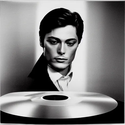 Prompt: stunning symmetrical portrait of alain delon in front of a ( ( ( tall moog synthesizer ) ) ), high contrast grainy blank and white photography print ilford warm tone