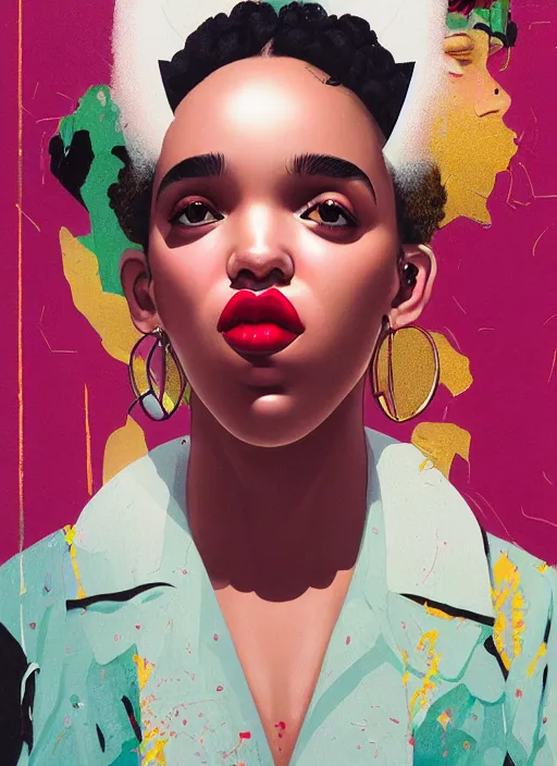 Prompt: fka twigs by sachin teng x supreme : 7 attractive, rare, dripped out, sexy lips, gold hoop earings, : 5 stylish, designer, marijuana, asymmetrical, matte painting, geometric shapes, hard edges, graffiti, street art : 4 masterpiece, impressive detail, colorful, by sachin teng : 7