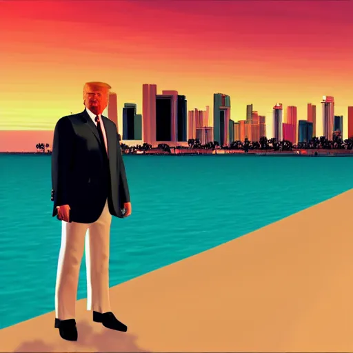 Image similar to Donald Trump in the style of GTA v, Miami beach, GTA v video game art, sunset aesthetic