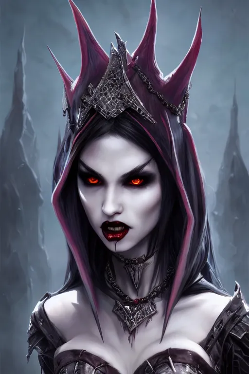 Prompt: dark elf vampire princess with fangs, highly detailed, d & d, fantasy, highly detailed, digital painting, trending on artstation, concept art, sharp focus, illustration, global illumination, ray tracing, realistic shaded, art by artgerm and greg rutkowski and fuji choko and viktoria gavrilenko and hoang lap