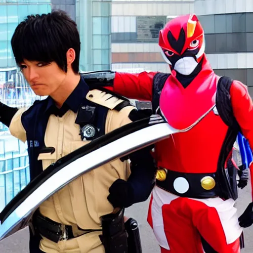 Prompt: a tokusatsu character getting arrested