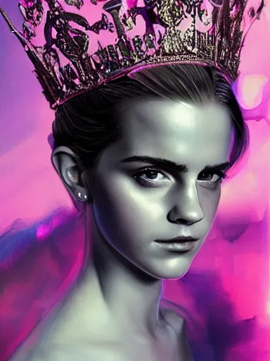 Prompt: pink portrait of young beautiful female angel queen Emma Watson head wearing shiny pink crown, subtle purple accents, hyper details, black metal rococo, sculpted by Alex Alice, Craig Mullins, yoji shinkawa, trending on artstation, beautifully lit, Peter mohrbacher, hyper detailed, insane details, intricate, elite, elegant, luxury, ray of light through smoke, CGsociety, hypermaximalist, golden ratio, volumetric, octane render, weta digital, micro details, 3d sculpture