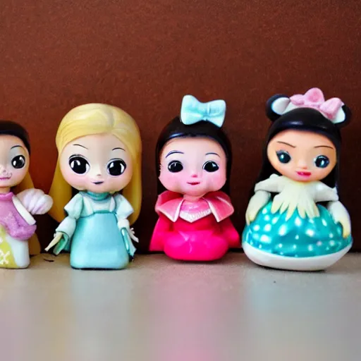 Prompt: product photograph of cute vintage disney figurines by isabel han : 4 girly, cute, chibi, popular, collectible, toys figures, kawaii, toys, white background : 3