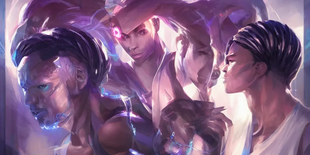Image similar to concept art of young black male netrunner d & d video game characters head designs, unique hair designs, by marc brunet and artgerm