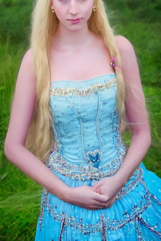 Image similar to a princess with long blonde hair and light blue eyes wearing a strapless elaborately beaded pink dress standing next to a canvas army tent, high resolution film still, 8k, HDR color, film by Simon Langton and David Frankel, triangular face, very light freckles, round narrow chin, straight jawline, natural lips, high cheekbones, beautiful gazing eyes