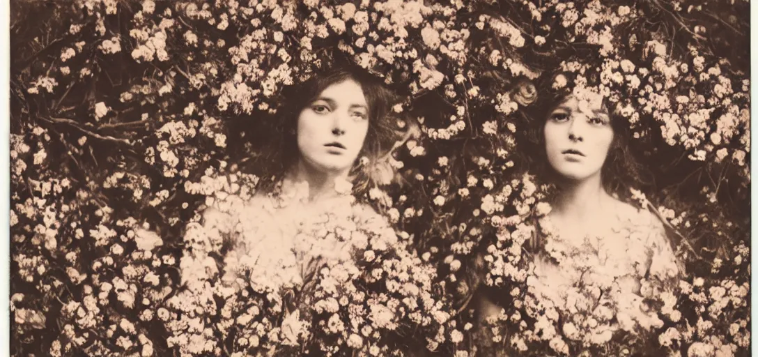 Image similar to portrait of a beautiful woman covered in flowers, Forest, ray gods, 1910 polaroid photography