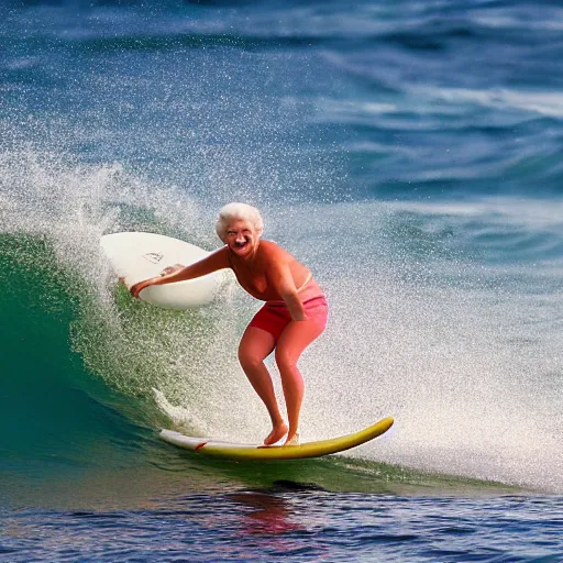 Image similar to queen elizabeth surfing in hawaii, smiling, having fun, golden hour, action photography