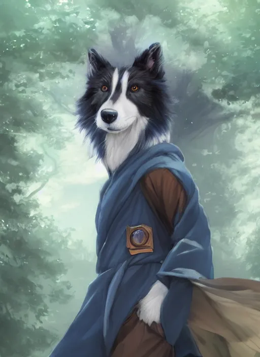 Image similar to wide angle beautiful full body portrait of a cute male anthropomorphic anthro border collie fursona wearing indigo robes in a park, character design by charlie bowater, henry asencio, and ross tran, disney, anime, scenic background, detailed, glamor pose, aesthetic, trending on artstation, furaffinity, deviantart