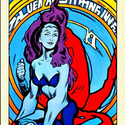 Image similar to an alien woman with blue skin and red hair, floating in space. she is an astronaut, wearing a space suit. well composed, clean elegant painting, beautiful detailed face. comic book art by steve ditko and jack kirby and ( alphonse mucha )