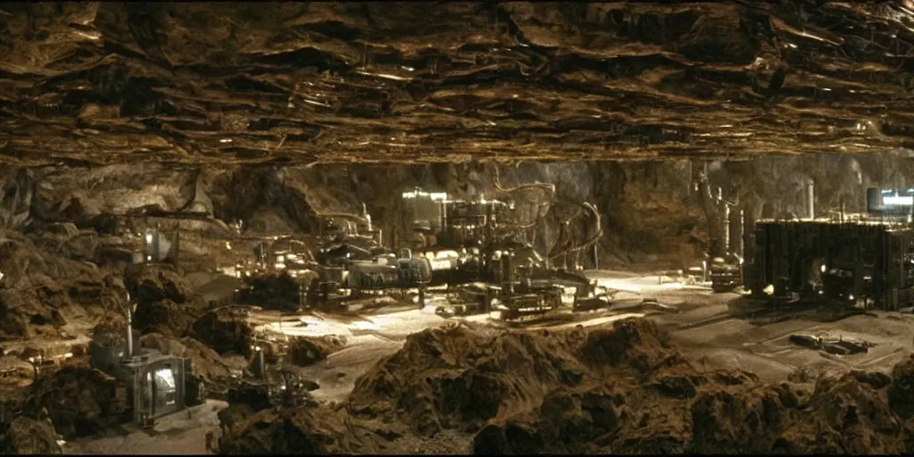 Prompt: sci - fi corporate headquarters near a mining cave on a mining planet, dark and beige atmosphere, 1 9 8 0 s science fiction film screenshot, film still, dark science fiction, ridley scott,