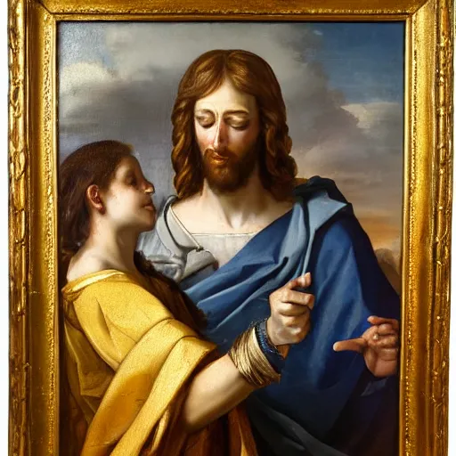 Image similar to 1 8 th oil panting of a jesus coupling with maria maddalena