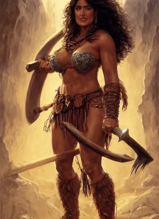 Image similar to portrait of very muscled Salma Hayek as barbarian with axe drawn hiding from a few scary creepy mummies, elegant, highly detailed, centered, digital painting, artstation, concept art, artgerm, donato giancola, Joseph Christian Leyendecker, WLOP, Boris Vallejo, Artgerm