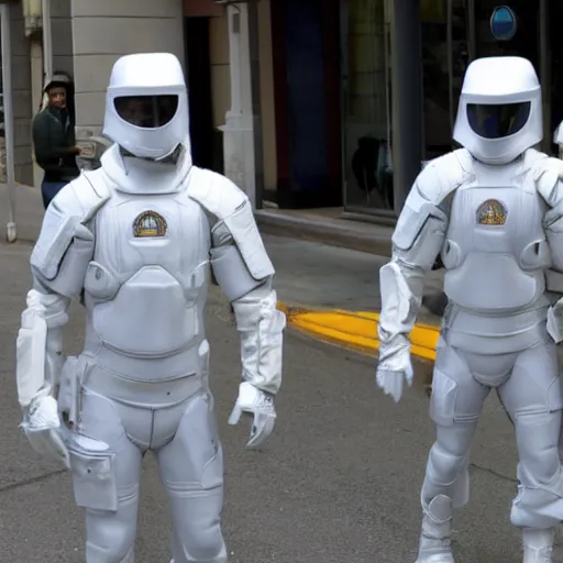 Image similar to dystopian peacekeepers wearing futuristic white armor patrolling the streets of new america