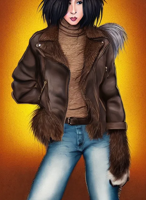 Prompt: award winning beautiful portrait commission of a female furry anthro hyena fursona with a bushy tail and a leather jacket, in a rock bar!!, cute, beautiful, attractive, detailed,